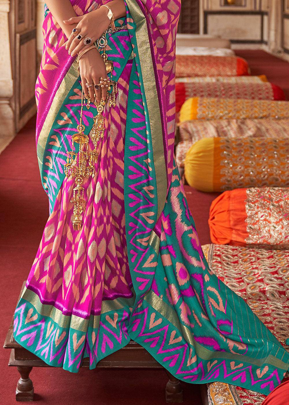 Pink & Blue Printed Patola Dola Silk Saree with Zari Border | Stitched Blouse - qivii