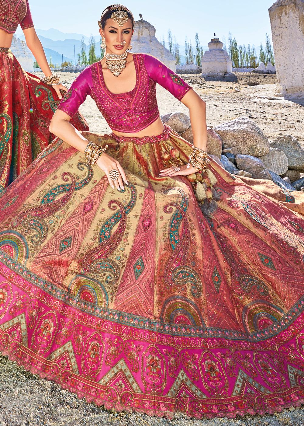 Pink & Brown Banarasi Jacquard Silk Lehengas with Cut Work & Hand Work Embroidery - qivii