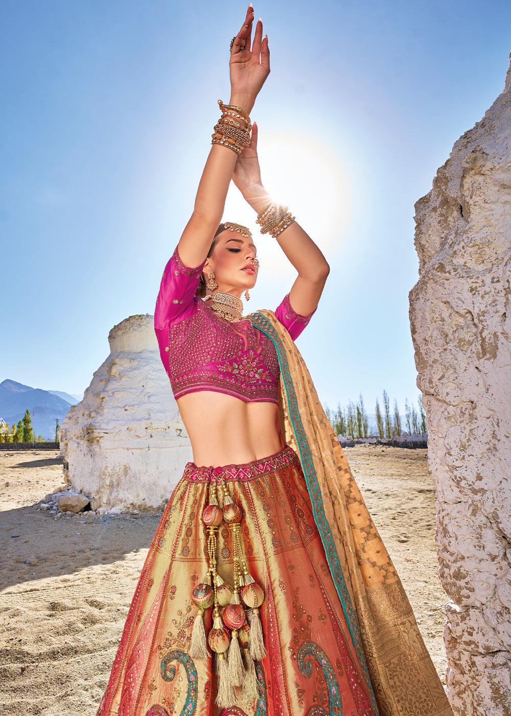 Pink & Brown Banarasi Jacquard Silk Lehengas with Cut Work & Hand Work Embroidery - qivii