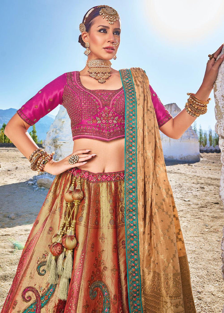 Pink & Brown Banarasi Jacquard Silk Lehengas with Cut Work & Hand Work Embroidery - qivii