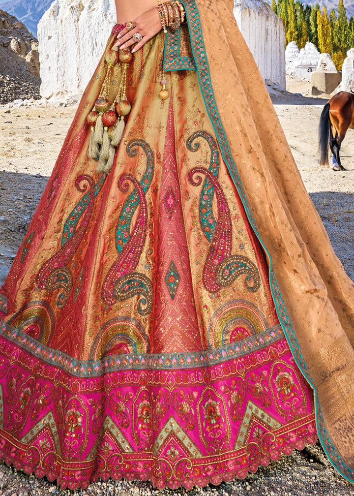 Pink & Brown Banarasi Jacquard Silk Lehengas with Cut Work & Hand Work Embroidery - qivii