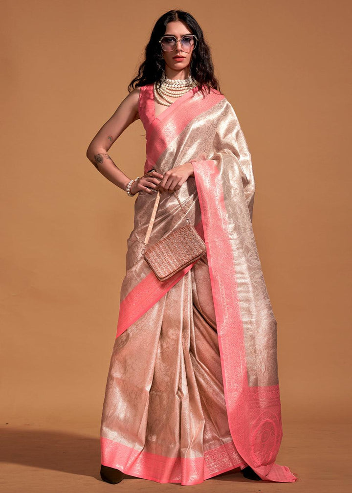 Pink & Brown Handloom Woven Kanjivaram Silk Saree - qivii