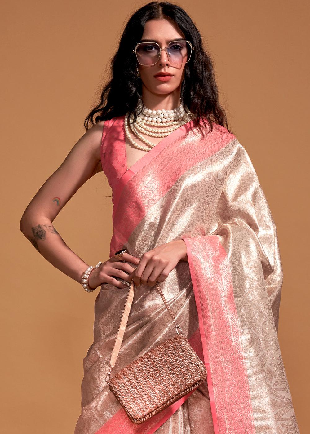 Pink & Brown Handloom Woven Kanjivaram Silk Saree - qivii