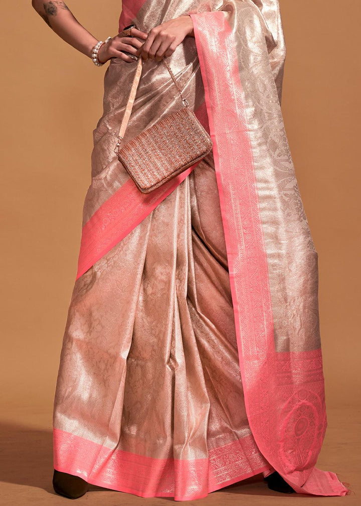 Pink & Brown Handloom Woven Kanjivaram Silk Saree - qivii