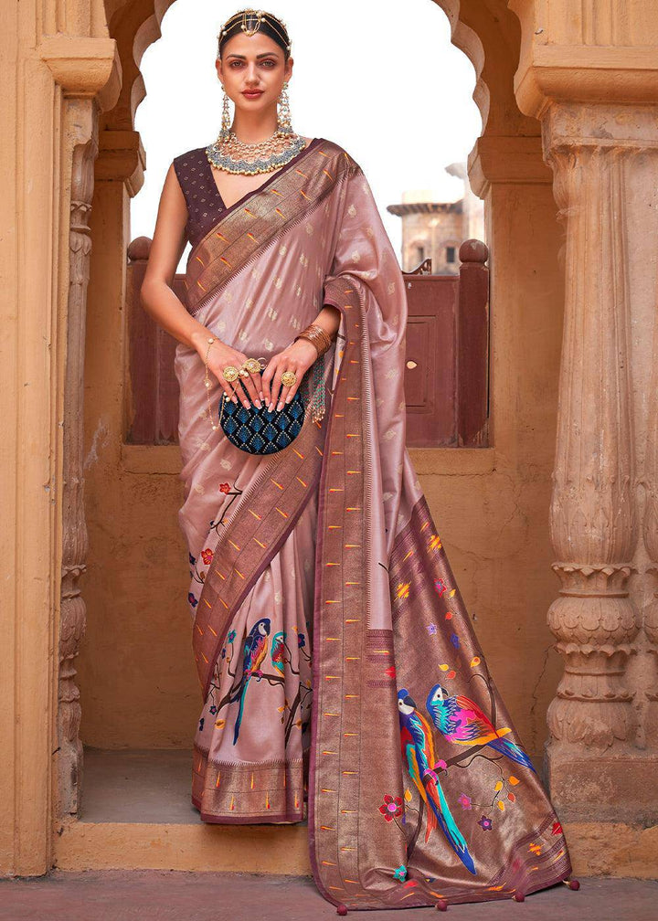 Pink & Brown Paithani Silk Saree | Stitched Blouse - qivii