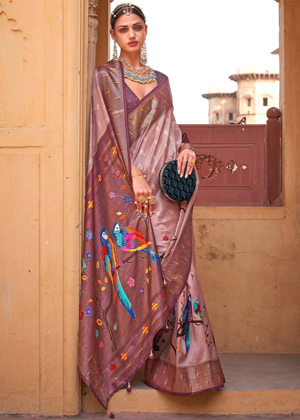 Pink & Brown Paithani Silk Saree | Stitched Blouse - qivii