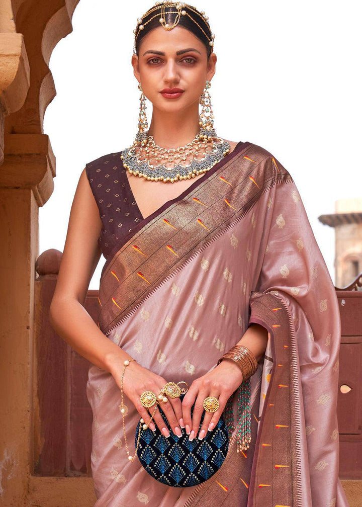 Pink & Brown Paithani Silk Saree | Stitched Blouse - qivii