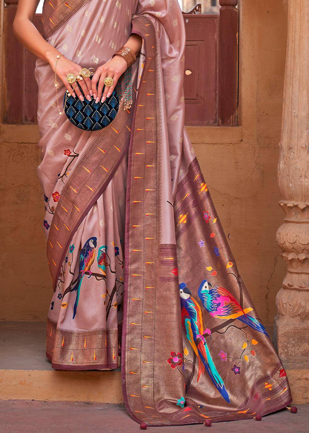 Pink & Brown Paithani Silk Saree | Stitched Blouse - qivii