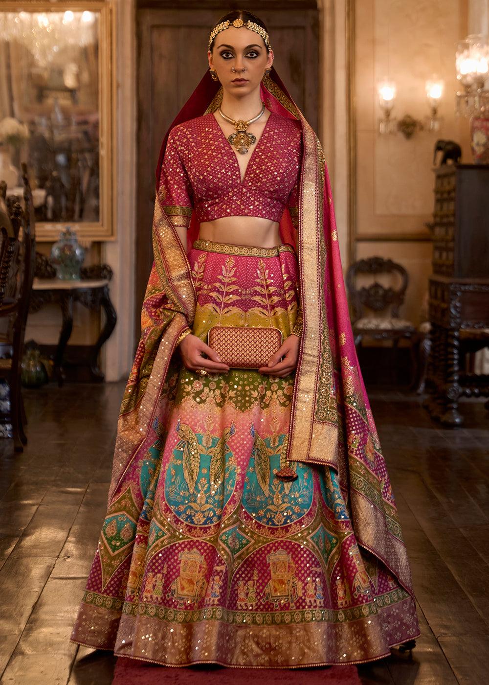 Pink & Brown Ready to Wear Designer Silk Lehenga Choli with Sparkle & Aari Mirror work - qivii