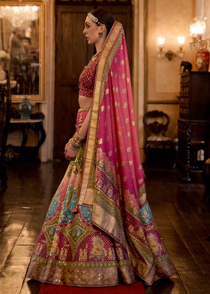 Pink & Brown Ready to Wear Designer Silk Lehenga Choli with Sparkle & Aari Mirror work - qivii