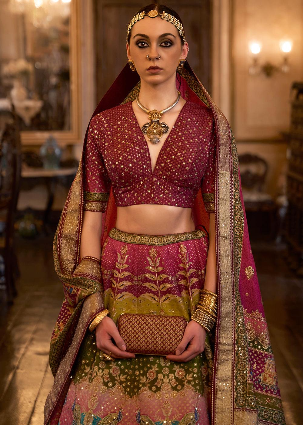 Pink & Brown Ready to Wear Designer Silk Lehenga Choli with Sparkle & Aari Mirror work - qivii