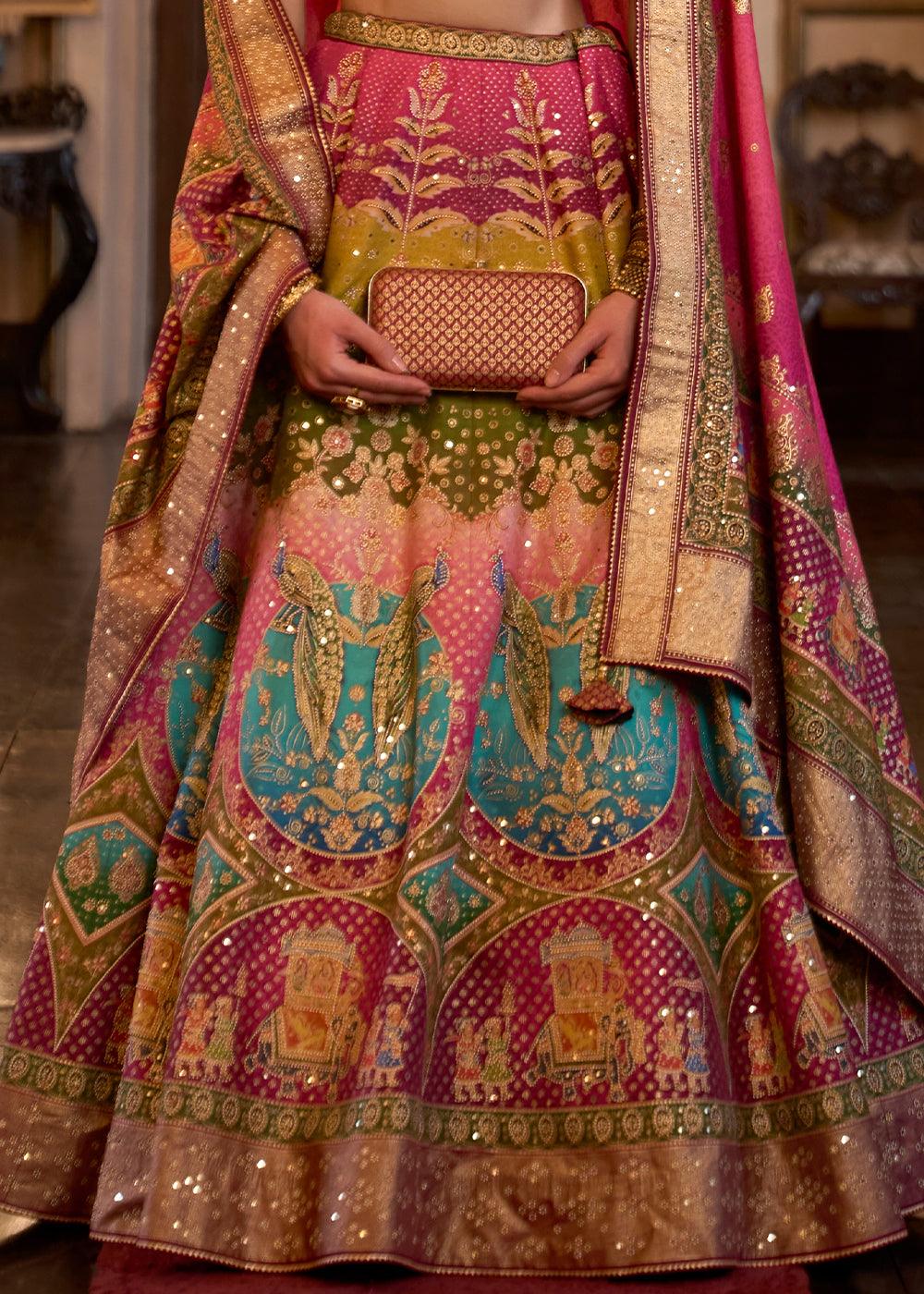 Pink & Brown Ready to Wear Designer Silk Lehenga Choli with Sparkle & Aari Mirror work - qivii