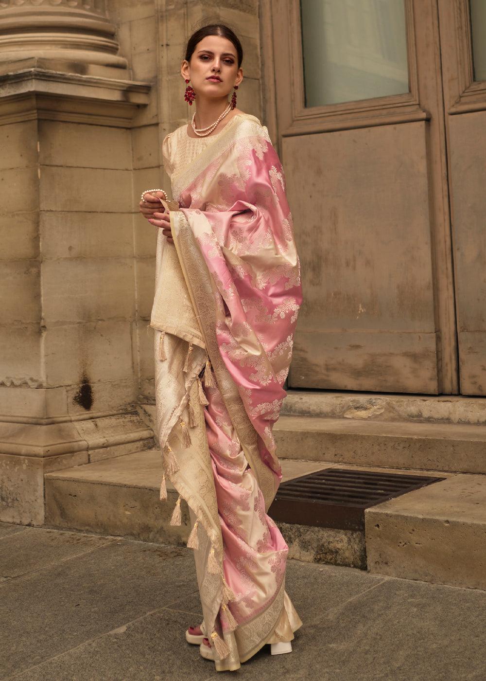 Pink & Brown Woven Rangkat Satin Silk Saree - qivii