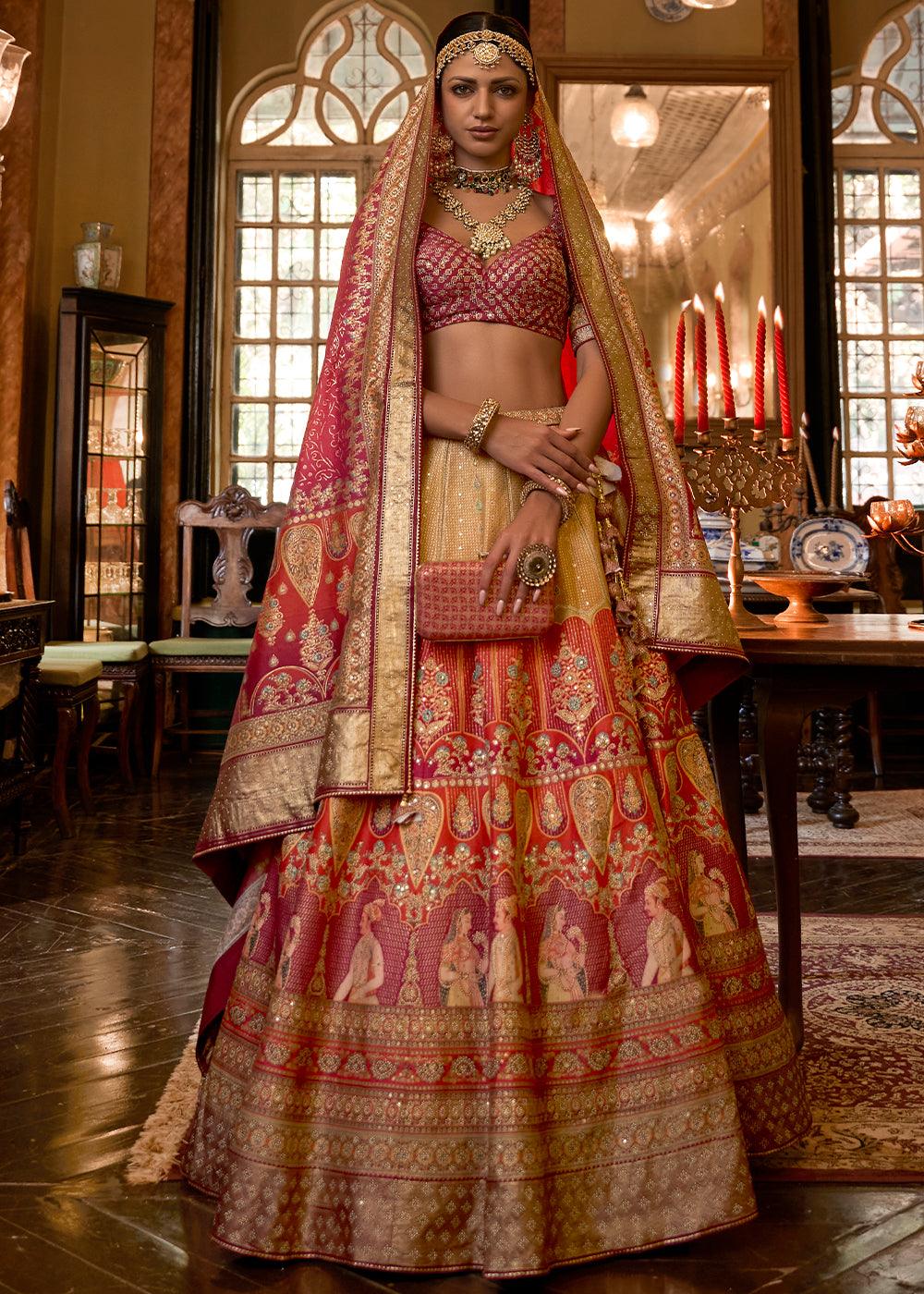 Pink & Golden Ready to Wear Designer Silk Lehenga Choli with Sparkle & Mirror work - qivii