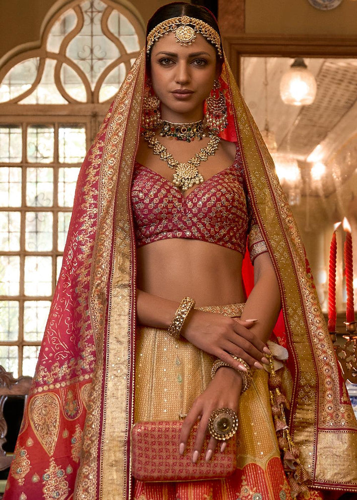 Pink & Golden Ready to Wear Designer Silk Lehenga Choli with Sparkle & Mirror work - qivii