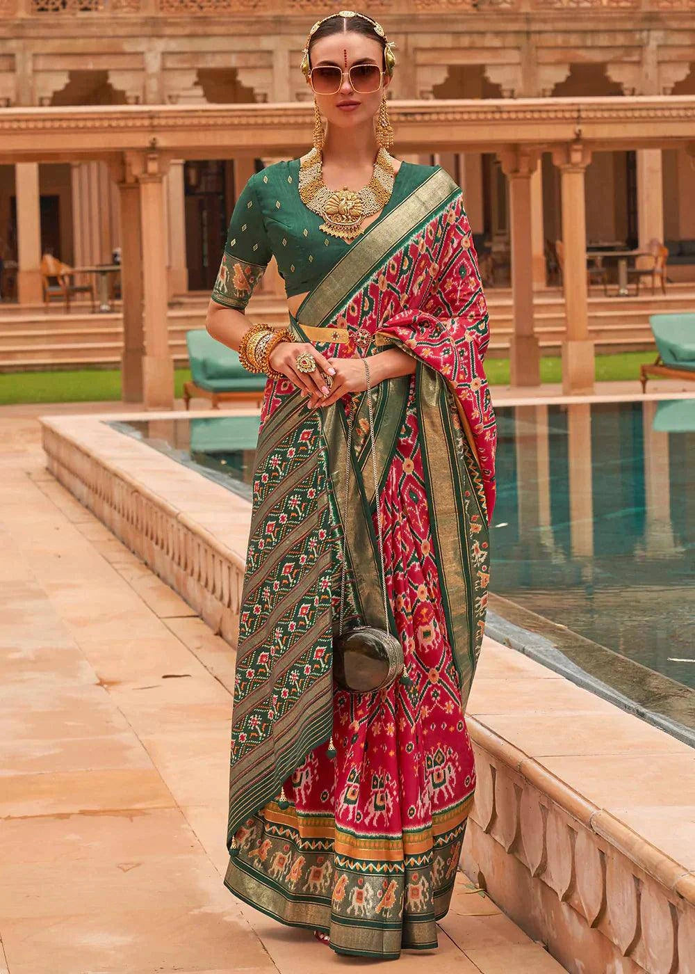 Pink & Green Patola Printed Smooth Silk Saree | Stitched Blouse - qivii