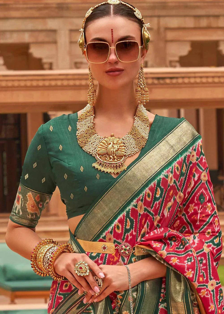 Pink & Green Patola Printed Smooth Silk Saree | Stitched Blouse - qivii