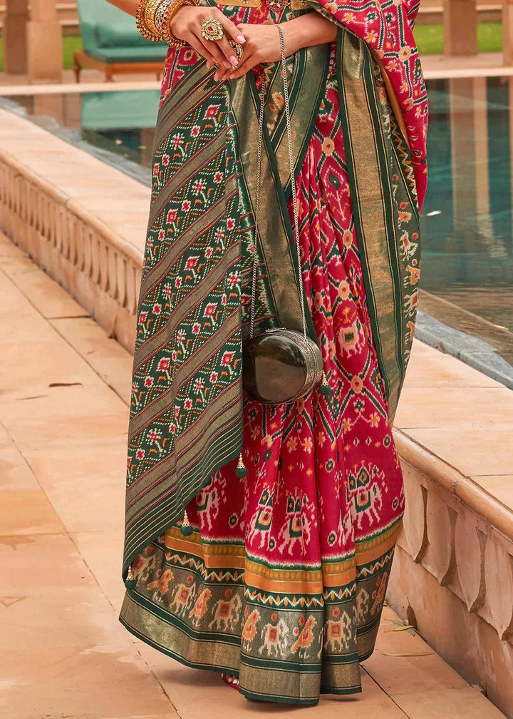 Pink & Green Patola Printed Smooth Silk Saree | Stitched Blouse - qivii