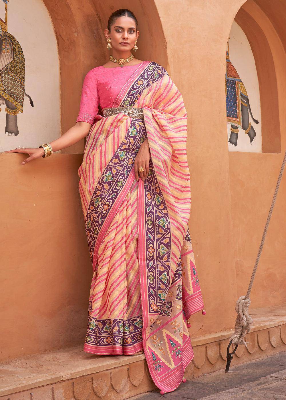 Pink & Light Yellow Patola Printed Tissue Silk Saree with Designer Blouse | Stitched Blouse - qivii