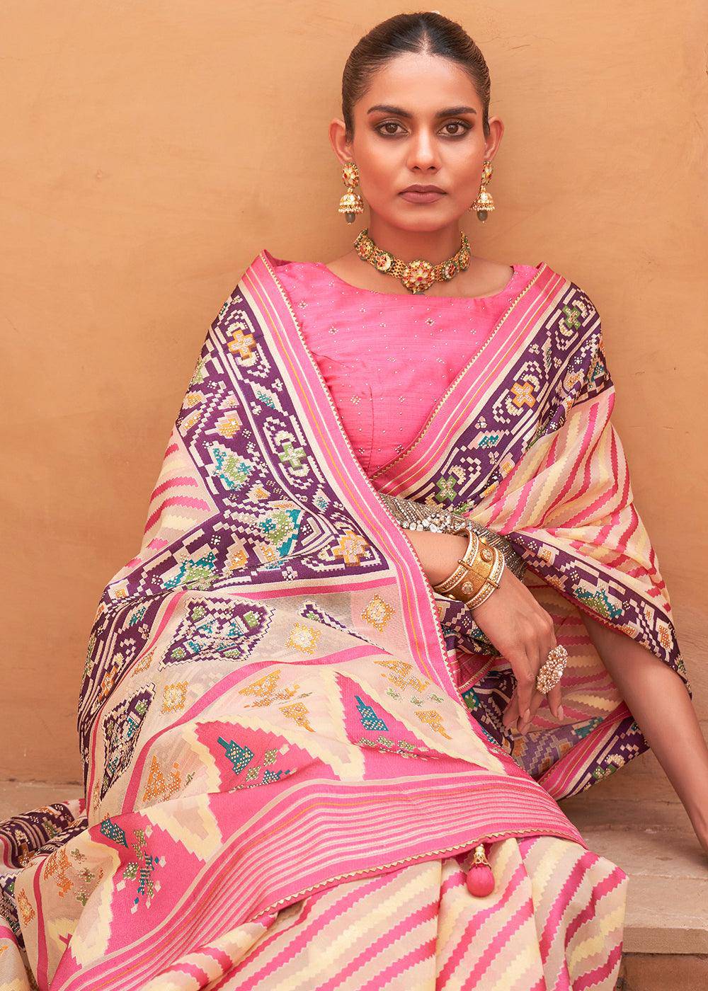 Pink & Light Yellow Patola Printed Tissue Silk Saree with Designer Blouse | Stitched Blouse - qivii