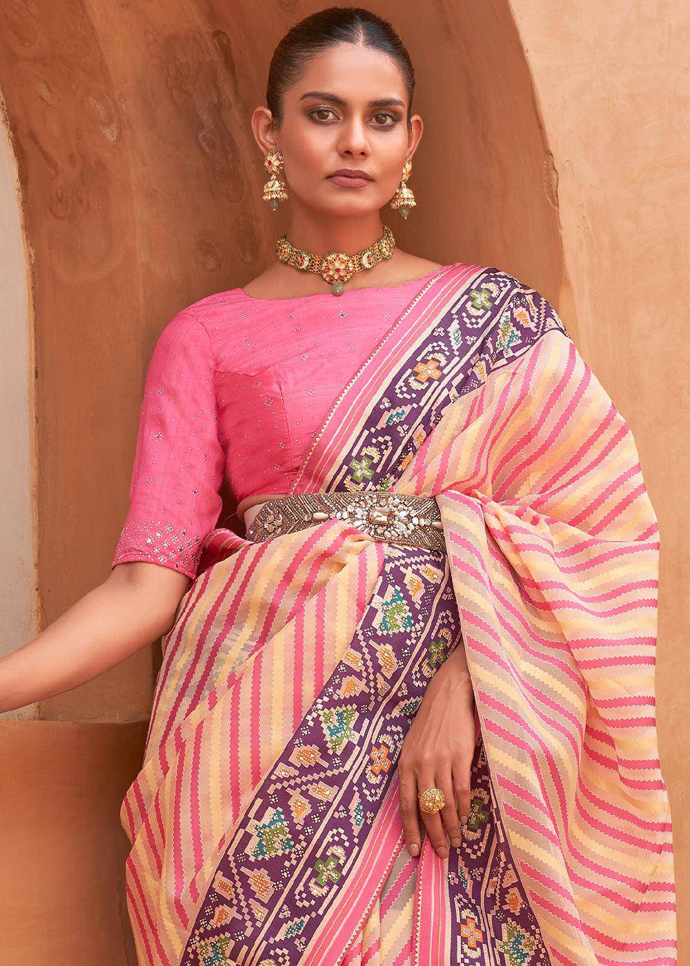 Pink & Light Yellow Patola Printed Tissue Silk Saree with Designer Blouse | Stitched Blouse - qivii