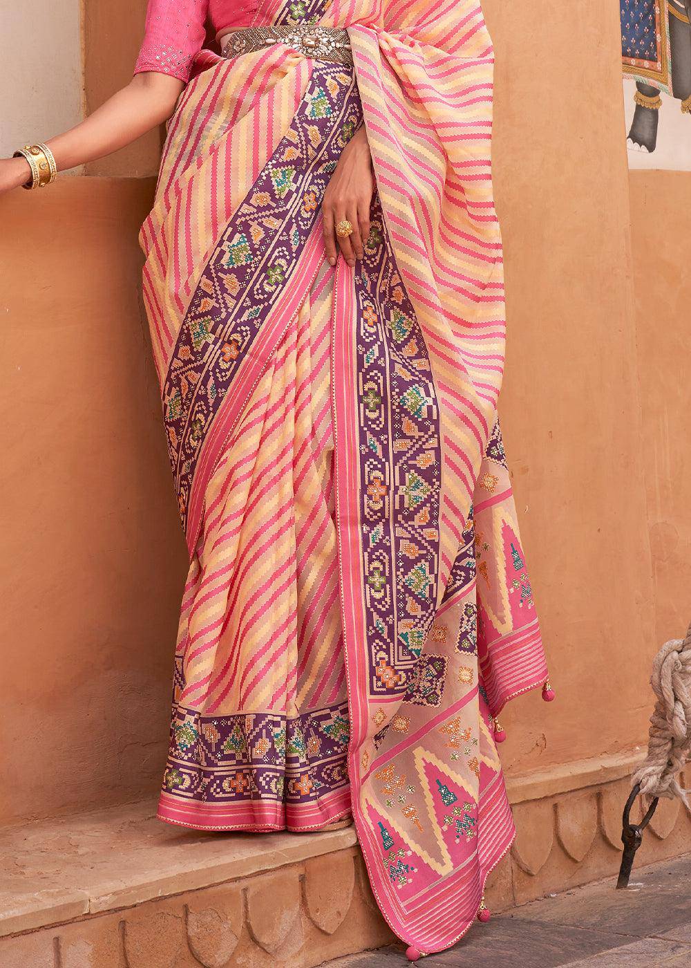 Pink & Light Yellow Patola Printed Tissue Silk Saree with Designer Blouse | Stitched Blouse - qivii