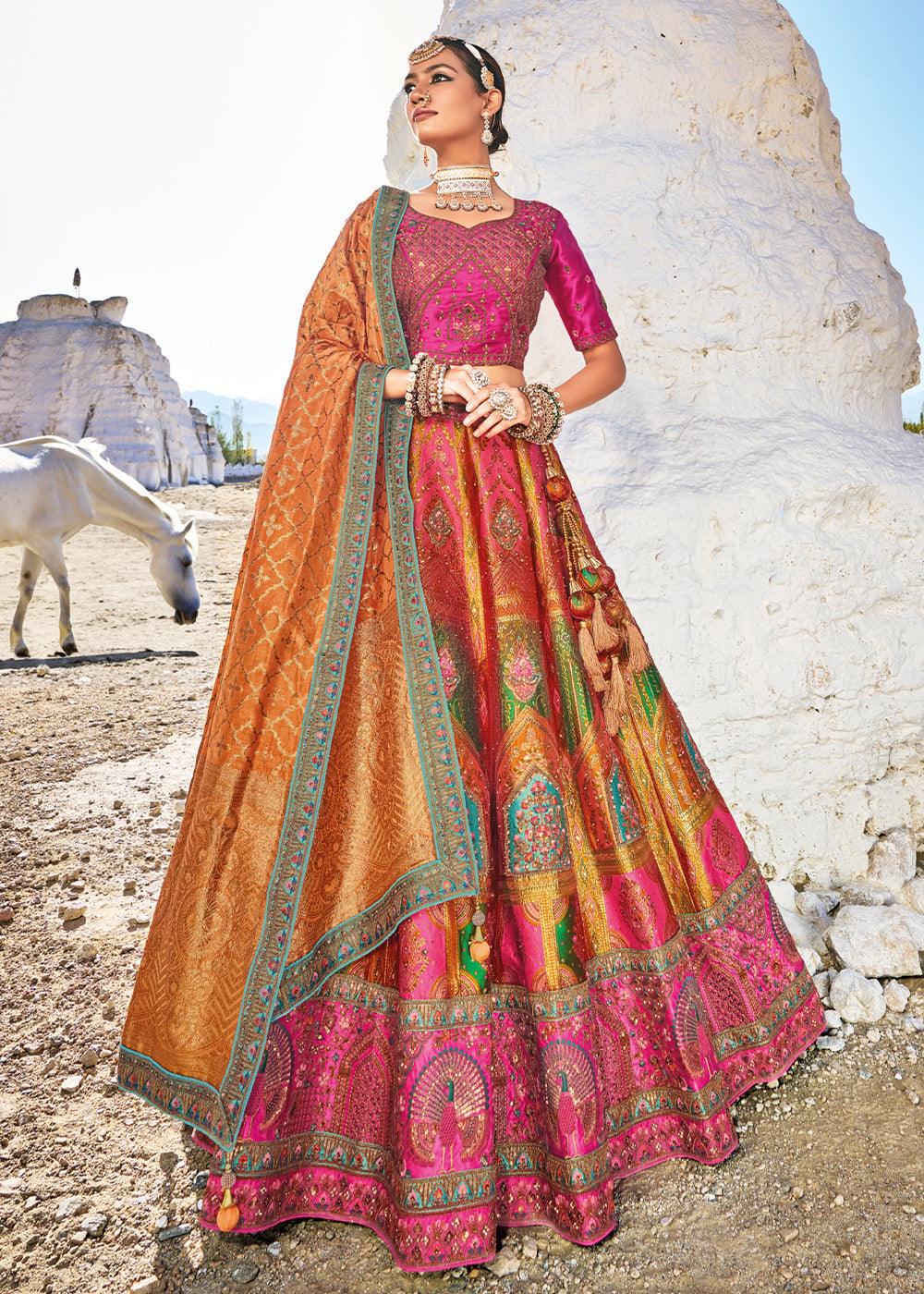 Pink & Orange Banarasi Jacquard Silk Lehengas with Cut Work & Hand Work Embroidery - qivii