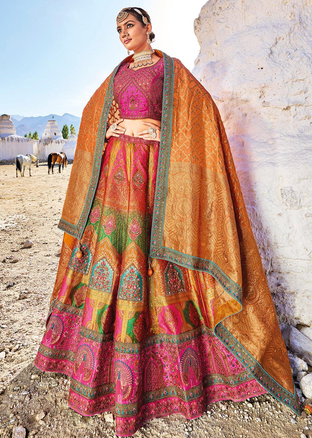 Pink & Orange Banarasi Jacquard Silk Lehengas with Cut Work & Hand Work Embroidery - qivii