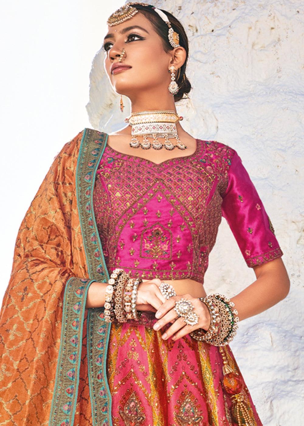 Pink & Orange Banarasi Jacquard Silk Lehengas with Cut Work & Hand Work Embroidery - qivii