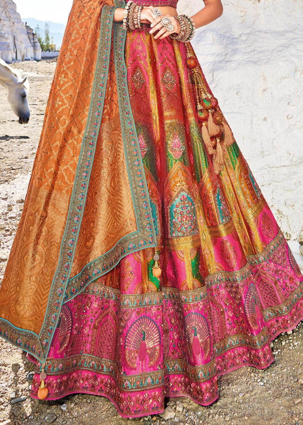 Pink & Orange Banarasi Jacquard Silk Lehengas with Cut Work & Hand Work Embroidery - qivii