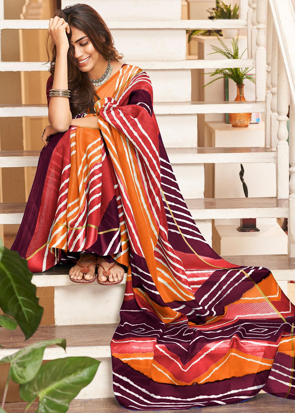 Pink & Orange Leheriya Printed Cotton Saree: Summer Edition : Top Pick | Stitched Blouse - qivii