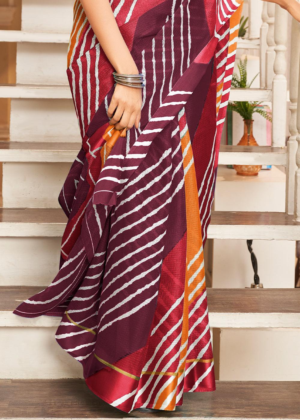 Pink & Orange Leheriya Printed Cotton Saree: Summer Edition : Top Pick | Stitched Blouse - qivii