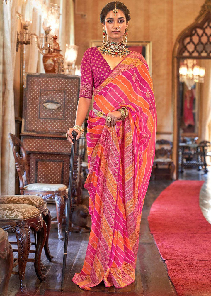 Pink & Orange Leheriya Printed Georgette Saree | Stitched Blouse - qivii