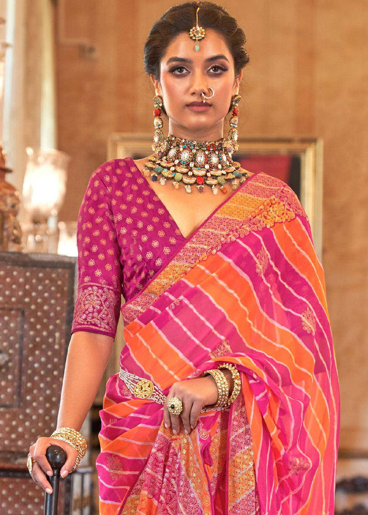 Pink & Orange Leheriya Printed Georgette Saree | Stitched Blouse - qivii