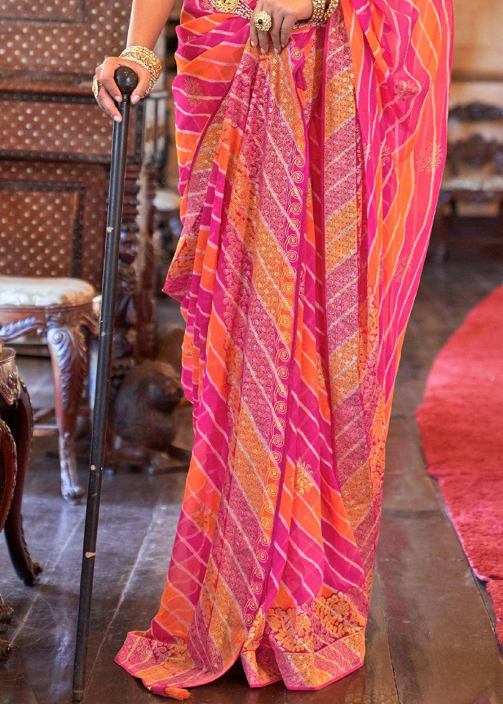 Pink & Orange Leheriya Printed Georgette Saree | Stitched Blouse - qivii