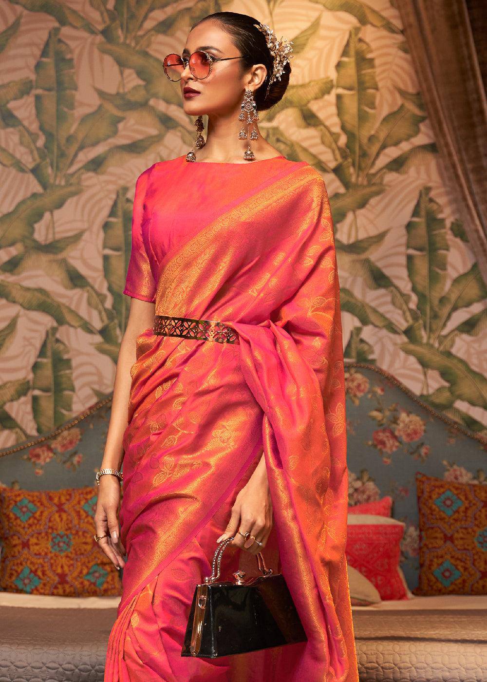 Pink & Orange Woven Floral Banarasi Silk Saree | Stitched Blouse - qivii