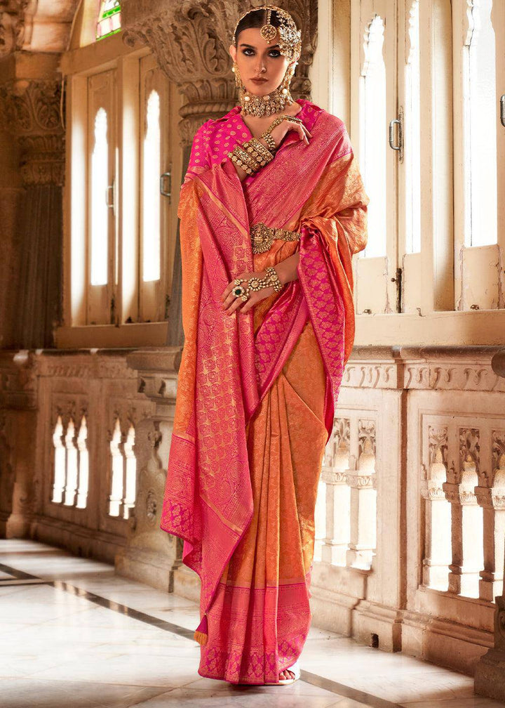 Pink & Orange Zari Woven Banarasi Silk Saree | Stitched Blouse - qivii