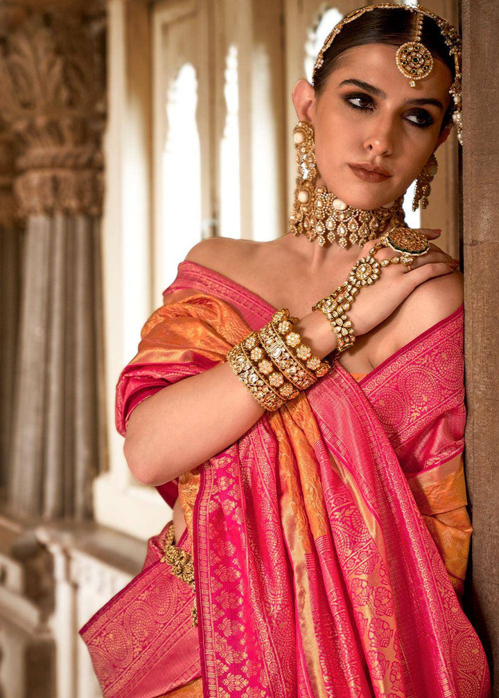 Pink & Orange Zari Woven Banarasi Silk Saree | Stitched Blouse - qivii