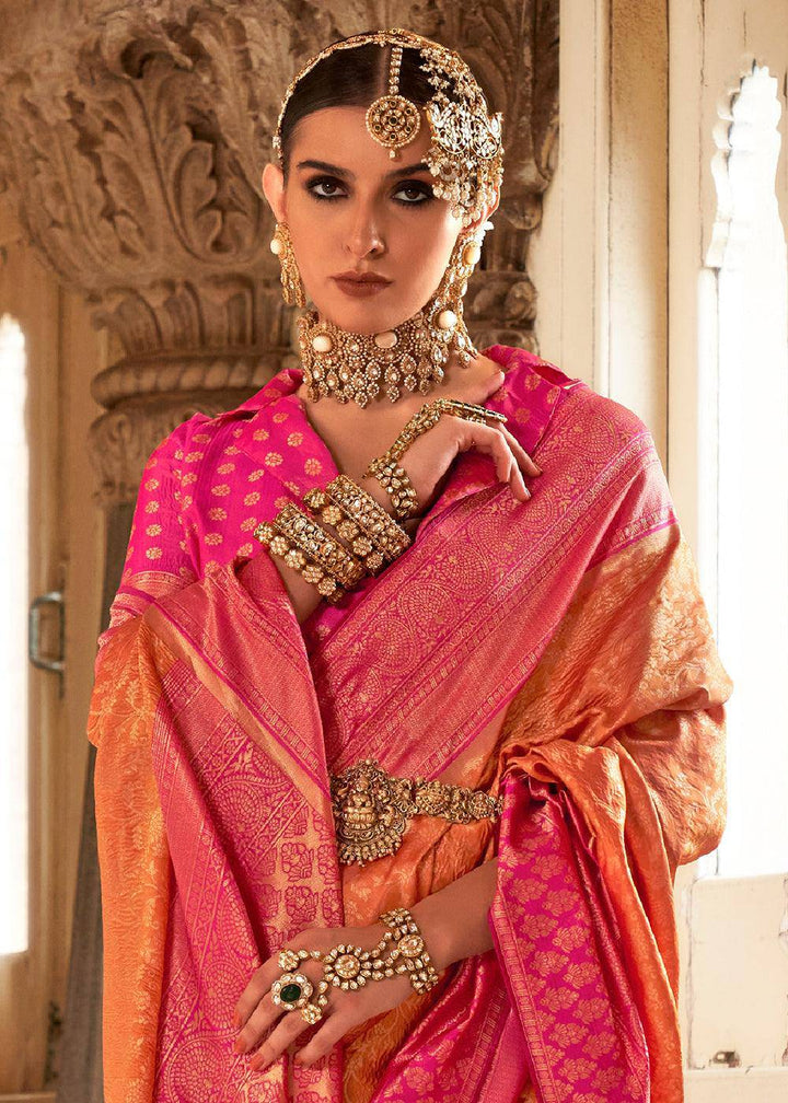 Pink & Orange Zari Woven Banarasi Silk Saree | Stitched Blouse - qivii