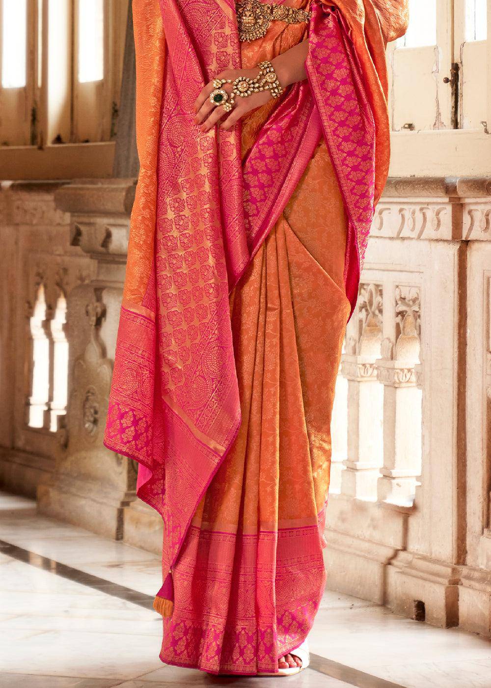 Pink & Orange Zari Woven Banarasi Silk Saree | Stitched Blouse - qivii