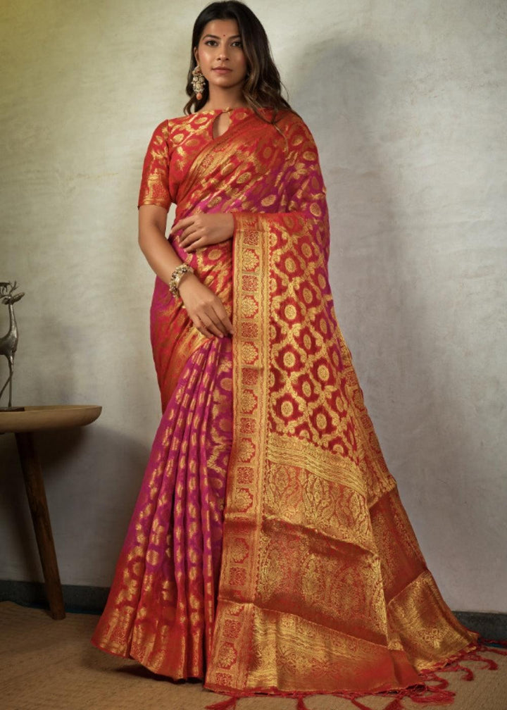 Pink & Orange Zari Woven Chiffon Silk Saree | Stitched Blouse - qivii