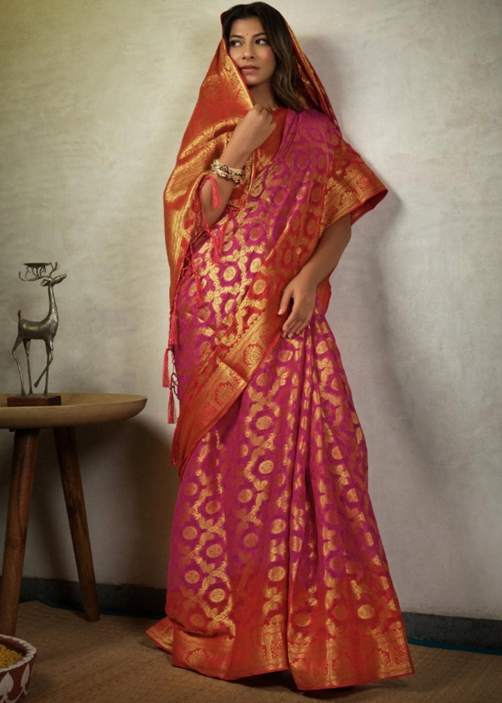 Pink & Orange Zari Woven Chiffon Silk Saree | Stitched Blouse - qivii