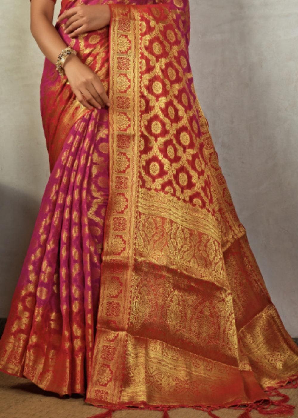 Pink & Orange Zari Woven Chiffon Silk Saree | Stitched Blouse - qivii