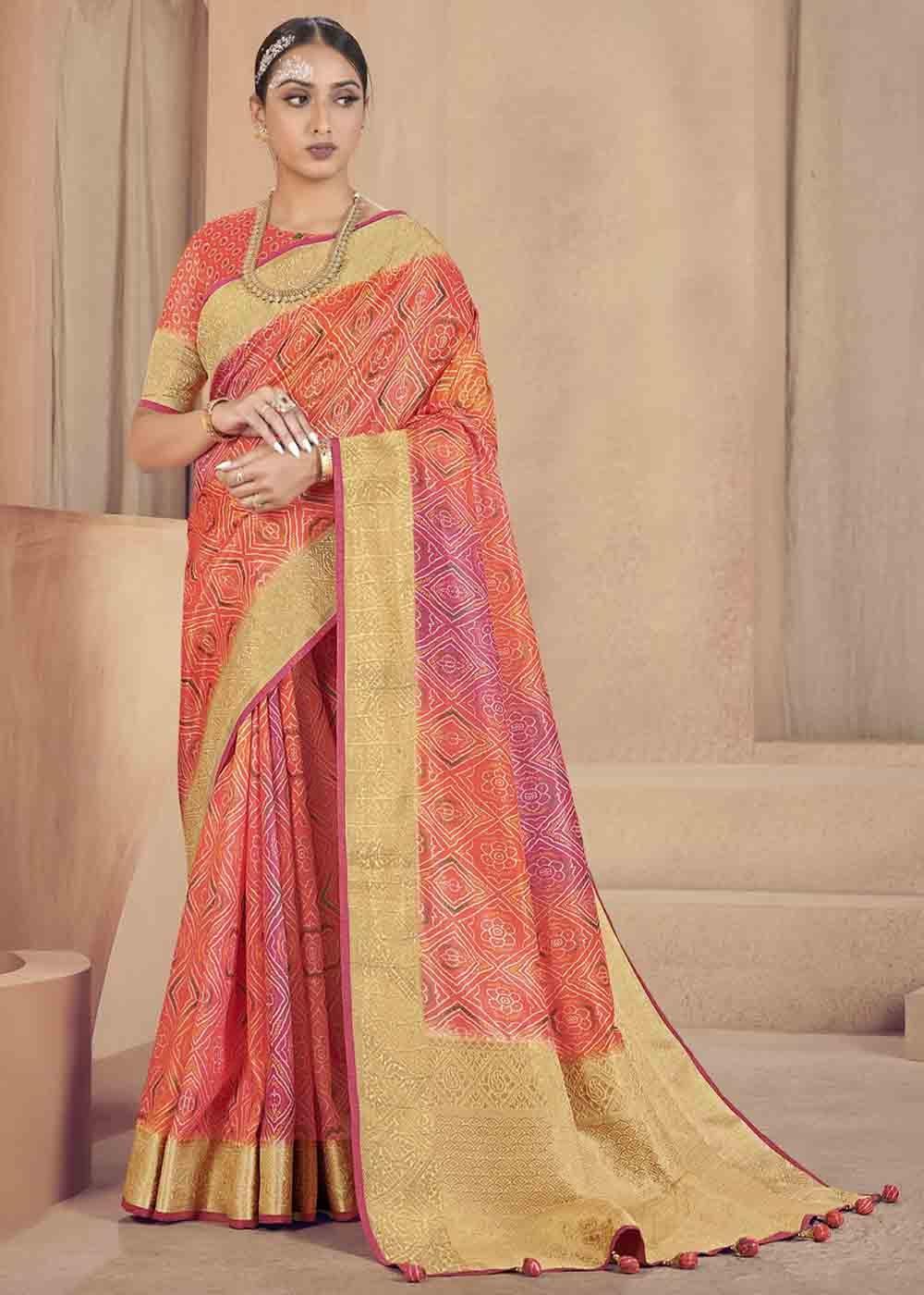 Pink & Orange Zari Woven Raw Silk Saree | Stitched Blouse - qivii