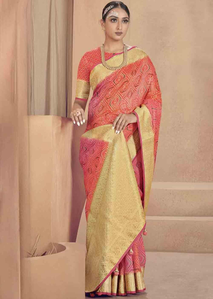 Pink & Orange Zari Woven Raw Silk Saree | Stitched Blouse - qivii