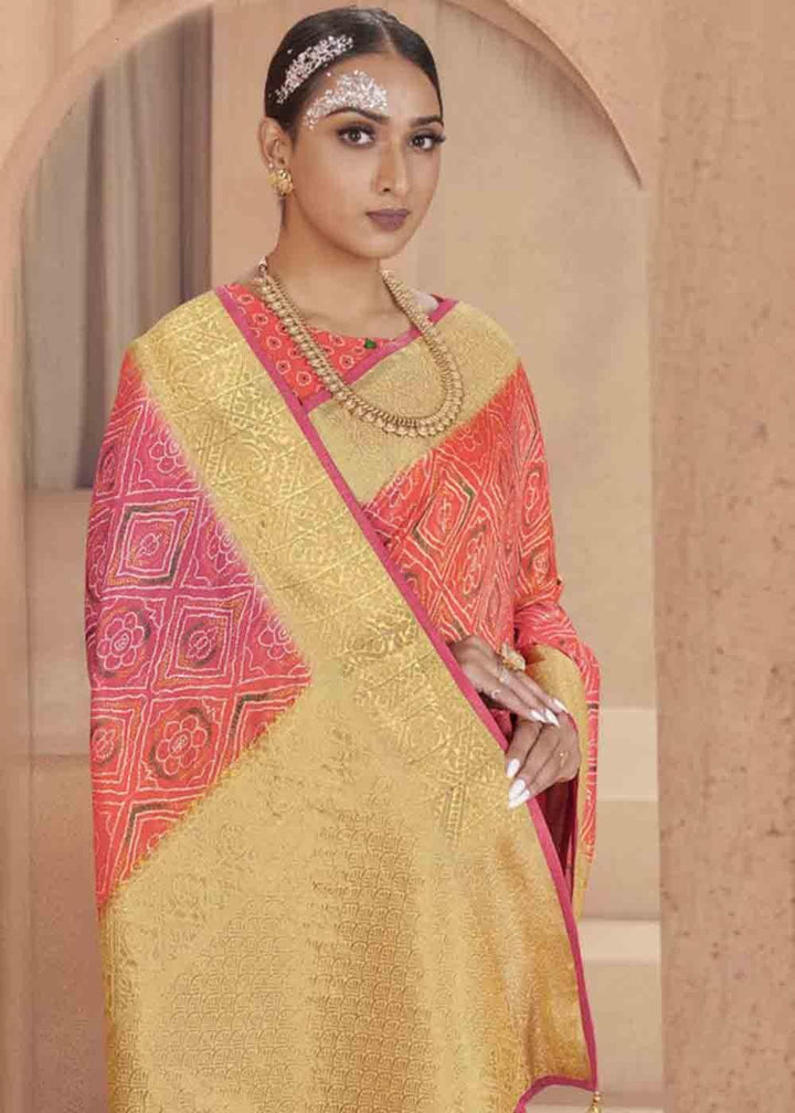 Pink & Orange Zari Woven Raw Silk Saree | Stitched Blouse - qivii