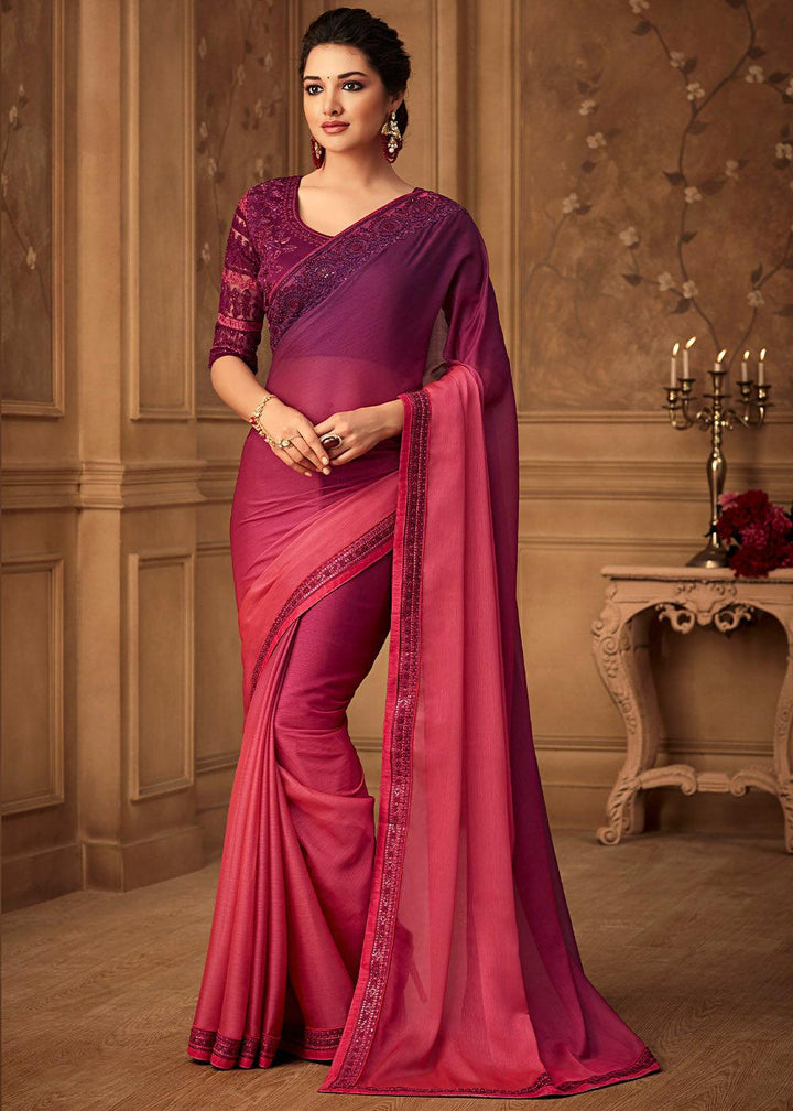 Pink & Purple Designer Embroidered Chiffon Silk Saree with Sequence work | Stitched Blouse - qivii