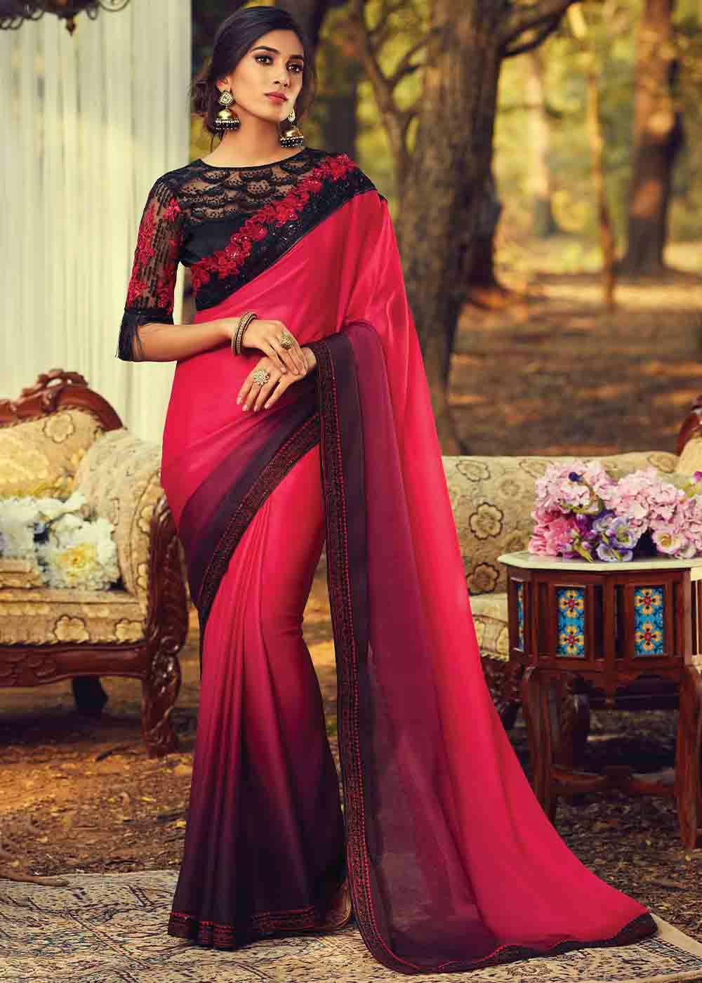 Pink & Purple Designer Embroidered Silk Saree with Sequence work | Stitched Blouse - qivii