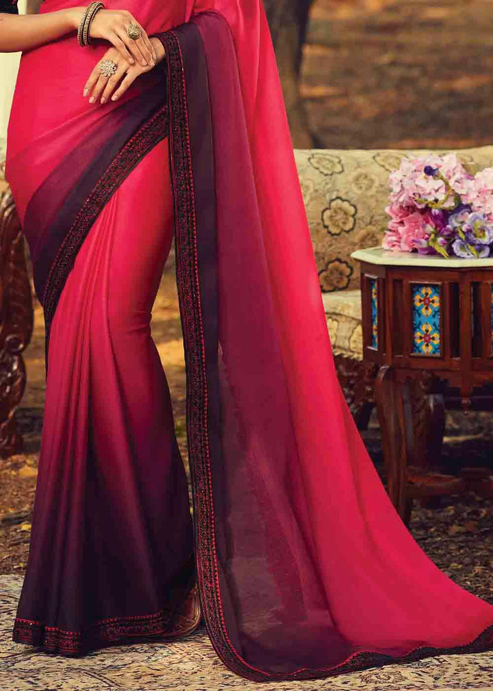 Pink & Purple Designer Embroidered Silk Saree with Sequence work | Stitched Blouse - qivii