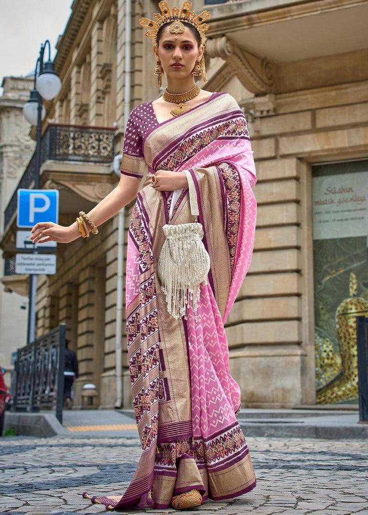 Pink & Purple Patola Printed Viscose Silk Saree | Stitched Blouse - qivii